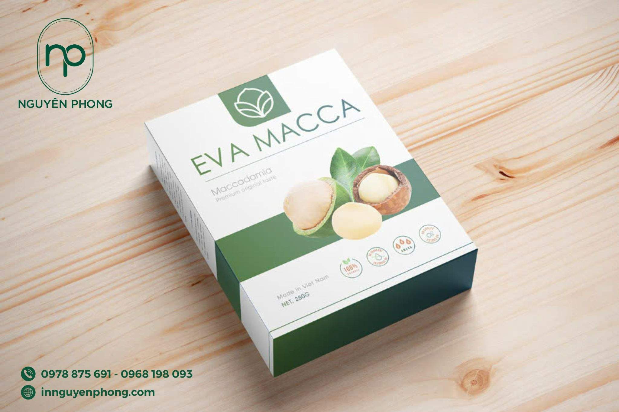 In hộp đựng hạt macca